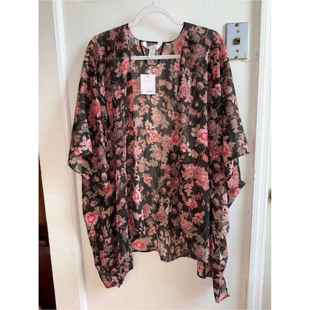NWT LC Lauren Conrad Garden Floral Kimono Black One Size Sheer Cardigan Coverup
